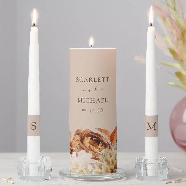 Rustic Fall Wedding Unity Candle Set (Rustic Fall Floral Monogrammed Wedding Unity Candle Set by Painted Paperie
)