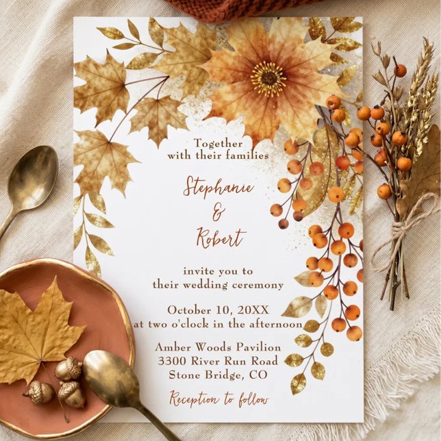 Rustic Fall Wedding Watercolor Gold Autumn Leaves Invitation (Creator Uploaded)