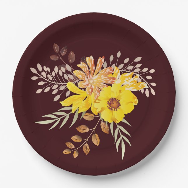 Rustic Fall Wedding Yellow Wild Roses, burgundy Paper Plates (Front)