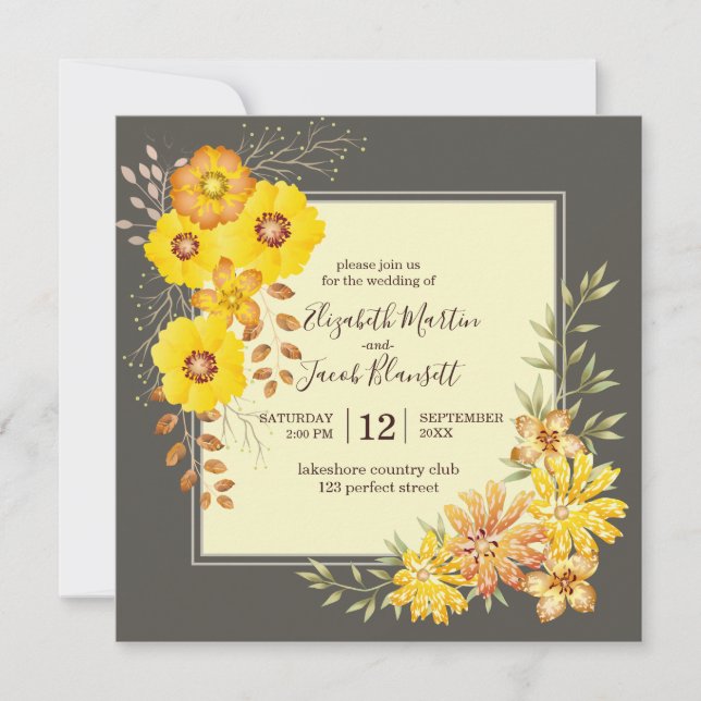 Rustic Fall Wedding Yellow Wild Roses, old sage Invitation (Front)