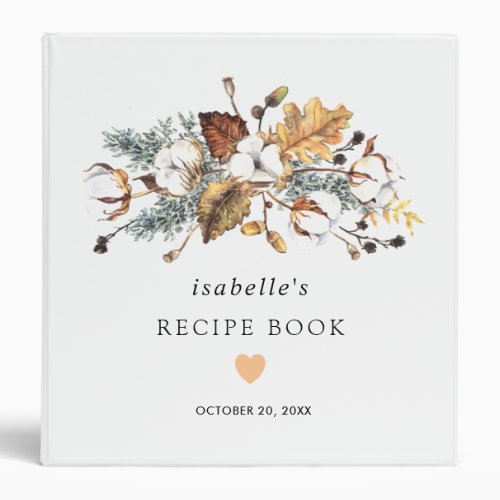 Rustic Fall White Floral Bridal Shower Recipe Book 3 Ring Binder