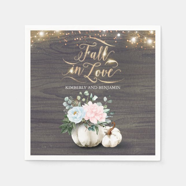 Rustic Fall White Floral Pumpkin Wedding Napkins (Front)