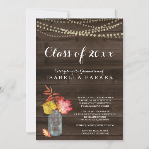 Rustic Fall Woman's Graduation Party Invitation - Fall in love. . . .  Hand drawn Watercolor fall leaves and mason jar complement the season beautifully.