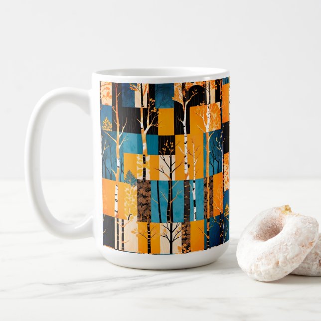 Rustic Fall Woodland Tree Patchwork Quilt Pattern Coffee Mug (With Donut)