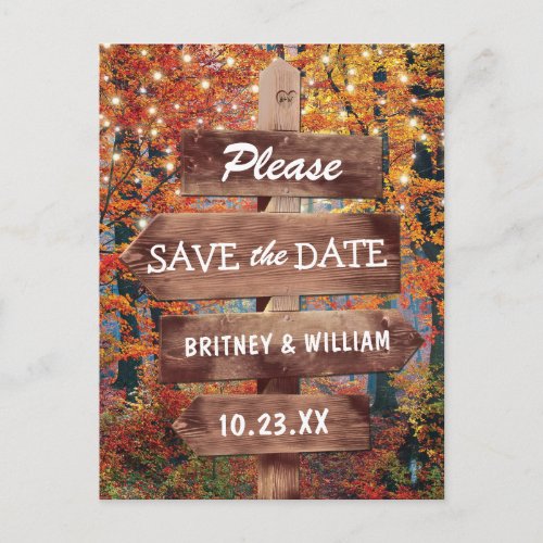 Rustic Fall Woodland Wedding Save the Date Announcement Postcard