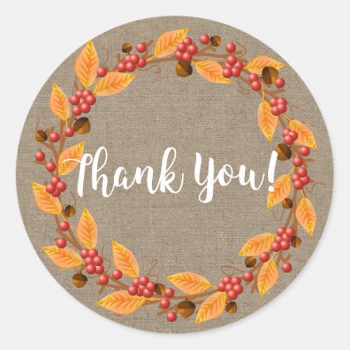 Rustic Fall Wreath  Faux Burlap Initial Letter Classic Round Sticker