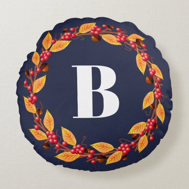 Rustic Fall Wreath & Navy | Personalized Round Pillow (Front)