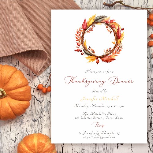 Rustic Fall Wreath Thanksgiving Dinner Invitation