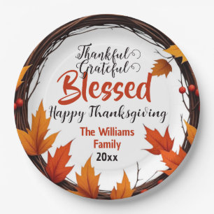 Rustic Fall Wreath with Personalized Thanksgiving Paper Plates