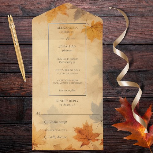 Rustic Falling Autumn Leaves  All In One Invitation