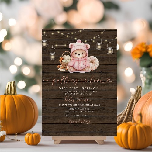 Rustic Falling in Love Pumpkin Bear Baby Shower Invitation