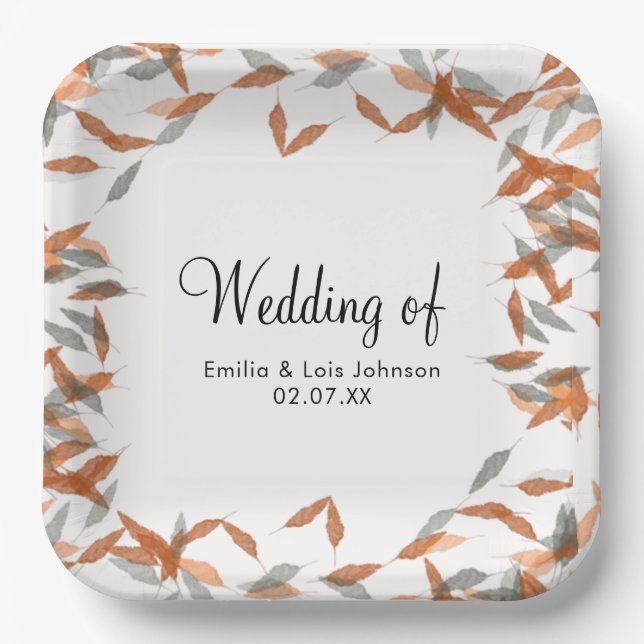 Rustic Falling Leaf Pampas Floating Wedding Paper Plates (Front)