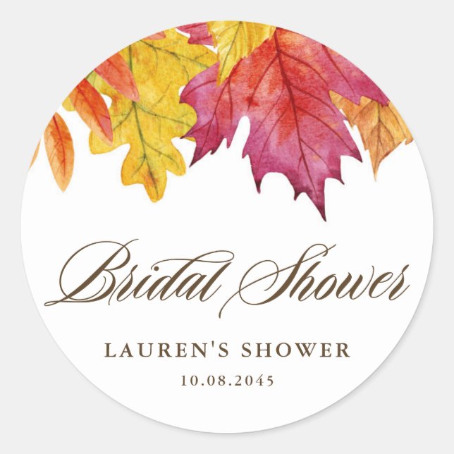 Rustic Falling Leaves Autumn Bridal Shower Classic Round Sticker (Front)