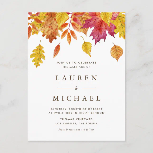 Rustic Falling Leaves Autumn Wedding QR Code Invitation Postcard | Zazzle