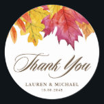 Rustic Falling Leaves Autumn Wedding Thank You Classic Round Sticker<br><div class="desc">Send thanks to guests and customers with these customizable thank you stickers. They feature a watercolour garland of leaves in autumn leaves. Personalize these fall floral thank you stickers by adding your own event details. These custom thank you stickers are perfect for fall weddings, bridal showers, baby showers, and other...</div>