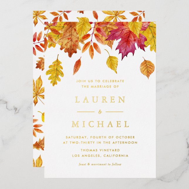 Rustic Falling Leaves Garland Autumn Wedding Foil Invitation (Front/Back)