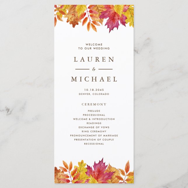 Rustic Falling Leaves Garland Autumn Wedding Program (Front)