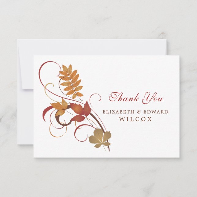 Rustic Falling Leaves Wedding Monogram Thank You Card (Front)