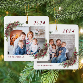 Rustic Family 2 Photo Christmas Ceramic Ornament