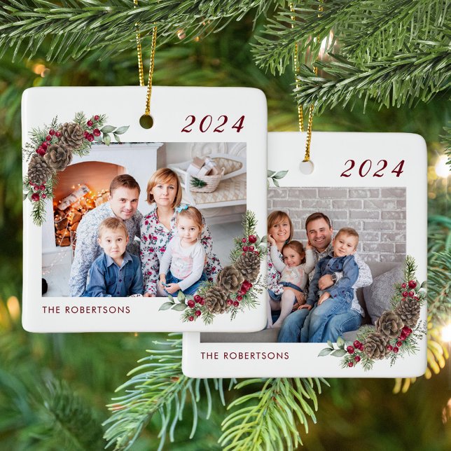 Rustic Family 2 Photo Christmas Ceramic Ornament (Creator Uploaded)