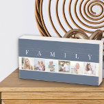 Rustic FAMILY 6 Picture Grid Coastal Blue Wooden Box Sign<br><div class="desc">Distressed wooden box sign personalized with your family photos. The photo template is set up for you to add 6 of your favorite pictures, which are displayed in square format in a simple, strip style, photo collage. Above your pictures, the word "FAMILY" is lettered in modern typography. This smart and...</div>