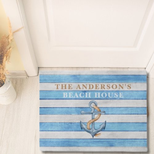 Rustic Family Anchor Beach House Nautical Stripes Doormat