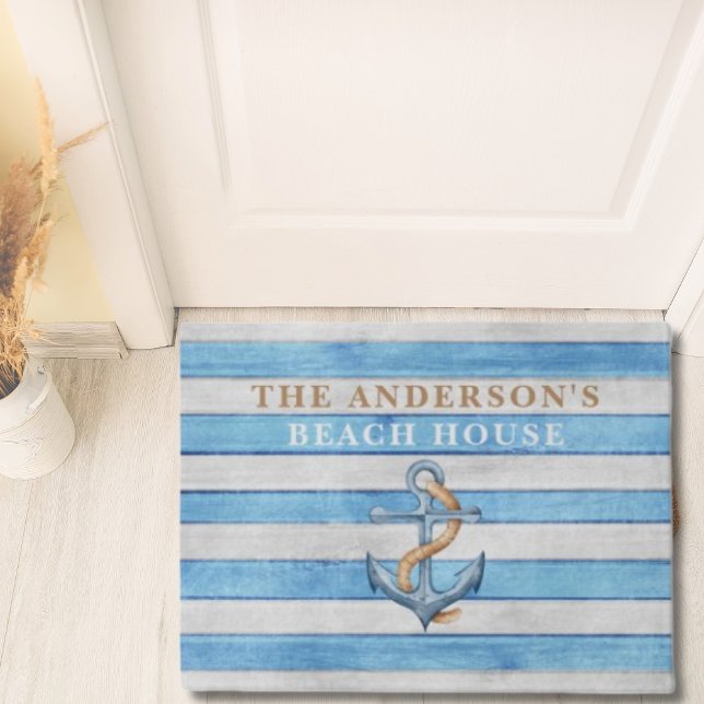 Rustic Family Anchor Beach House Nautical Stripes Doormat (Creator Uploaded)