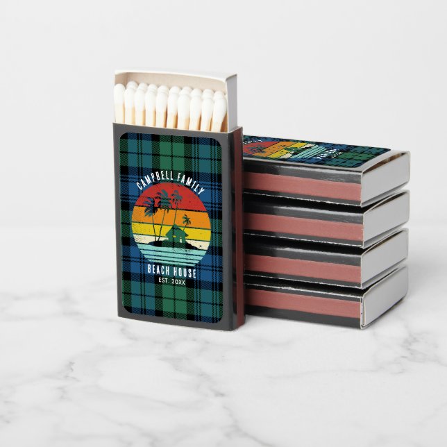 A matchbox party favor showcasing beach house merch set against four more stacked matchboxes.