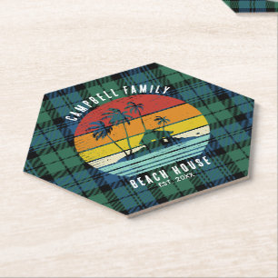Rustic Family Beach House Palm Trees Custom Tartan Paper Coaster