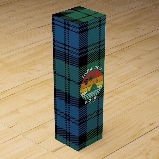 Rustic Family Beach House Palm Trees Custom Tartan Wine Box (Front)