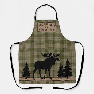 Rustic Family Cabin Moose Pine Green Plaid Burlap Apron