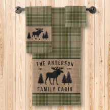 Rustic Family Cabin Moose Pine Green Plaid Burlap