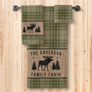 Rustic Family Cabin Moose Pine Green Plaid Burlap Bath Towel Set
