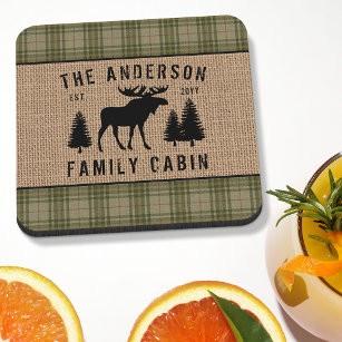 Rustic Family Cabin Moose Pine Green Plaid Burlap Beverage Coaster