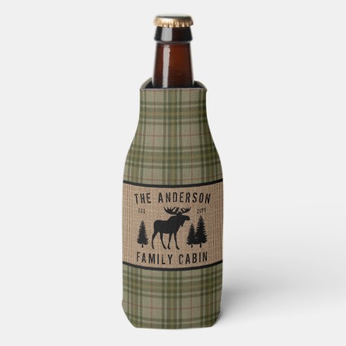 Rustic Family Cabin Moose Pine Green Plaid Burlap Bottle Cooler