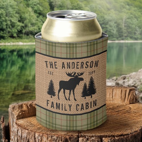 Rustic Family Cabin Moose Pine Green Plaid Burlap Can Cooler