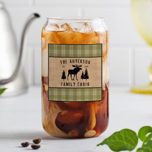Rustic Family Cabin Moose Pine Green Plaid Burlap Can Glass