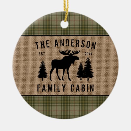 Rustic Family Cabin Moose Pine Green Plaid Burlap Ceramic Ornament