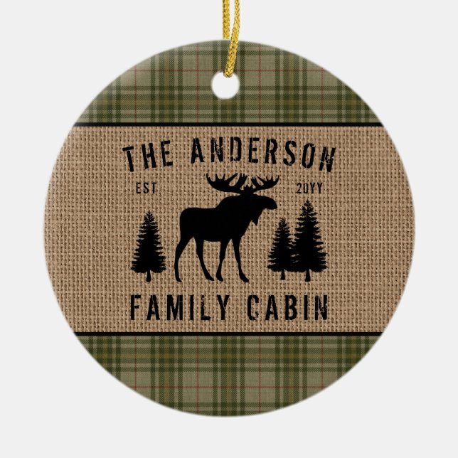 Rustic Family Cabin Moose Pine Green Plaid Burlap Ceramic Ornament (Front)