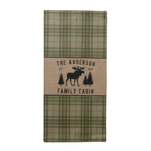 Rustic Family Cabin Moose Pine Green Plaid Burlap Cloth Napkin