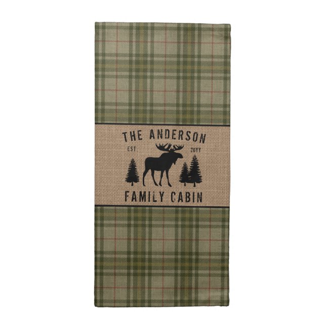 Rustic Family Cabin Moose Pine Green Plaid Burlap Cloth Napkin (Half Fold)
