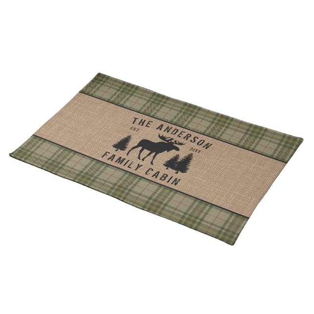 Rustic Family Cabin Moose Pine Green Plaid Burlap Cloth Placemat (On Table)