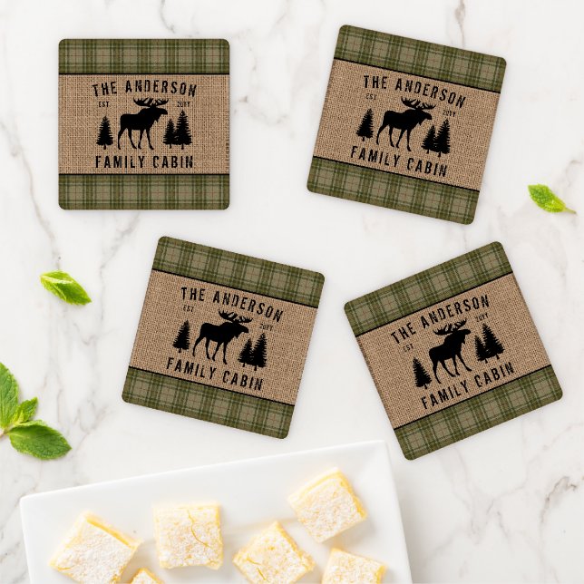 Rustic Family Cabin Moose Pine Green Plaid Burlap Coaster Set (In Situ)