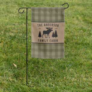 Rustic Family Cabin Moose Pine Green Plaid Burlap Garden Flag