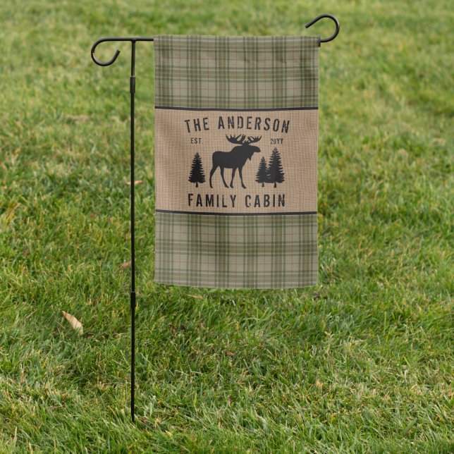 Rustic Family Cabin Moose Pine Green Plaid Burlap Garden Flag (In SItu)