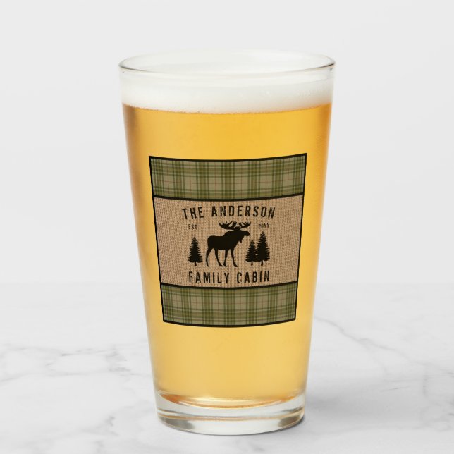 Rustic Family Cabin Moose Pine Green Plaid Burlap Glass (Front Filled)