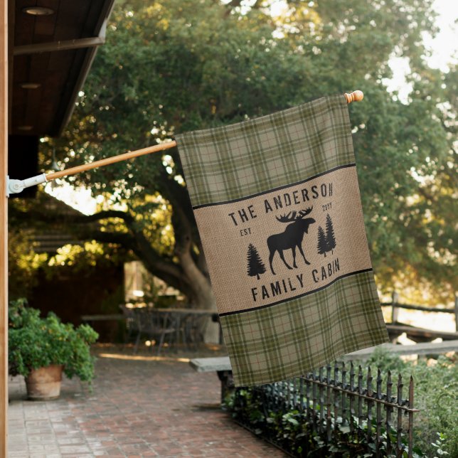 Rustic Family Cabin Moose Pine Green Plaid Burlap House Flag (In SItu)