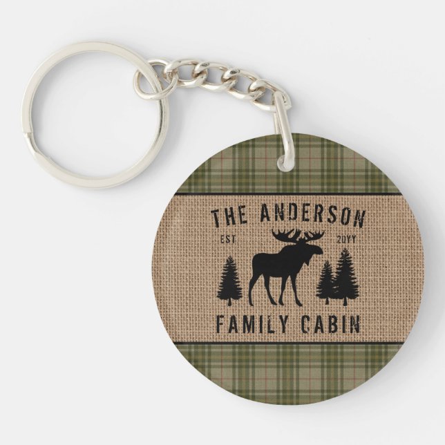 Rustic Family Cabin Moose Pine Green Plaid Burlap Keychain (Front)