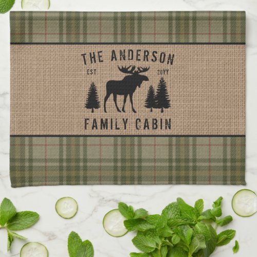 Rustic Family Cabin Moose Pine Green Plaid Burlap Kitchen Towel
