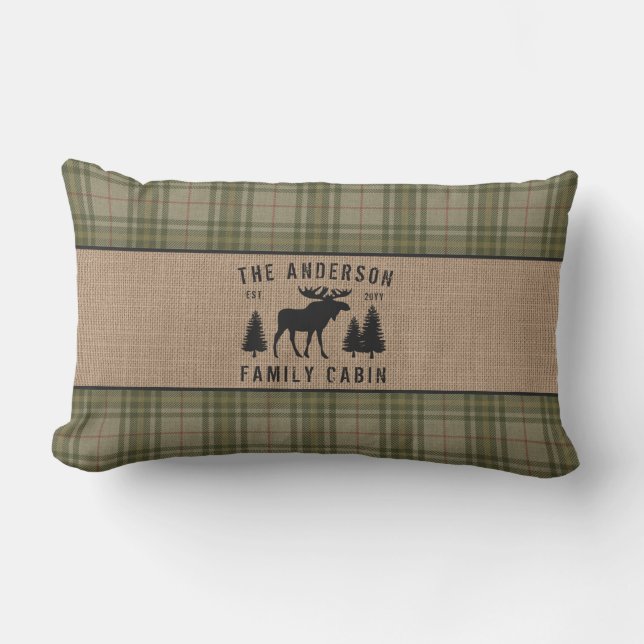 Rustic Family Cabin Moose Pine Green Plaid Burlap Lumbar Pillow (Front)